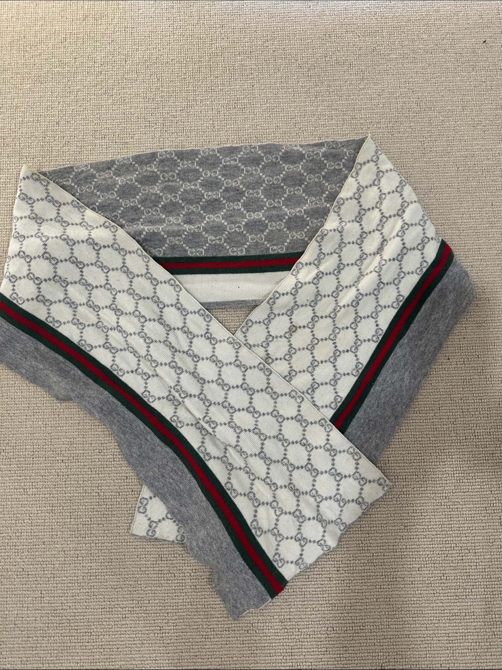 Gucci Grey & Cream GG Monogram Scarf with Red and Green Stripe